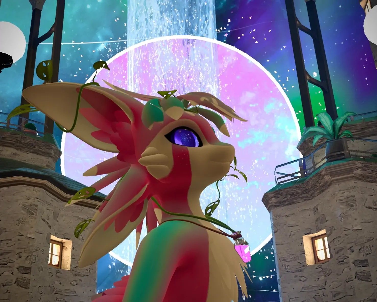 Virtual Reality photo of pink avali wearing decorative monstera plant parts growing from a necklace containing magic glowing pink goo, dramatically framed in front of a pink moon and a purple blue sky